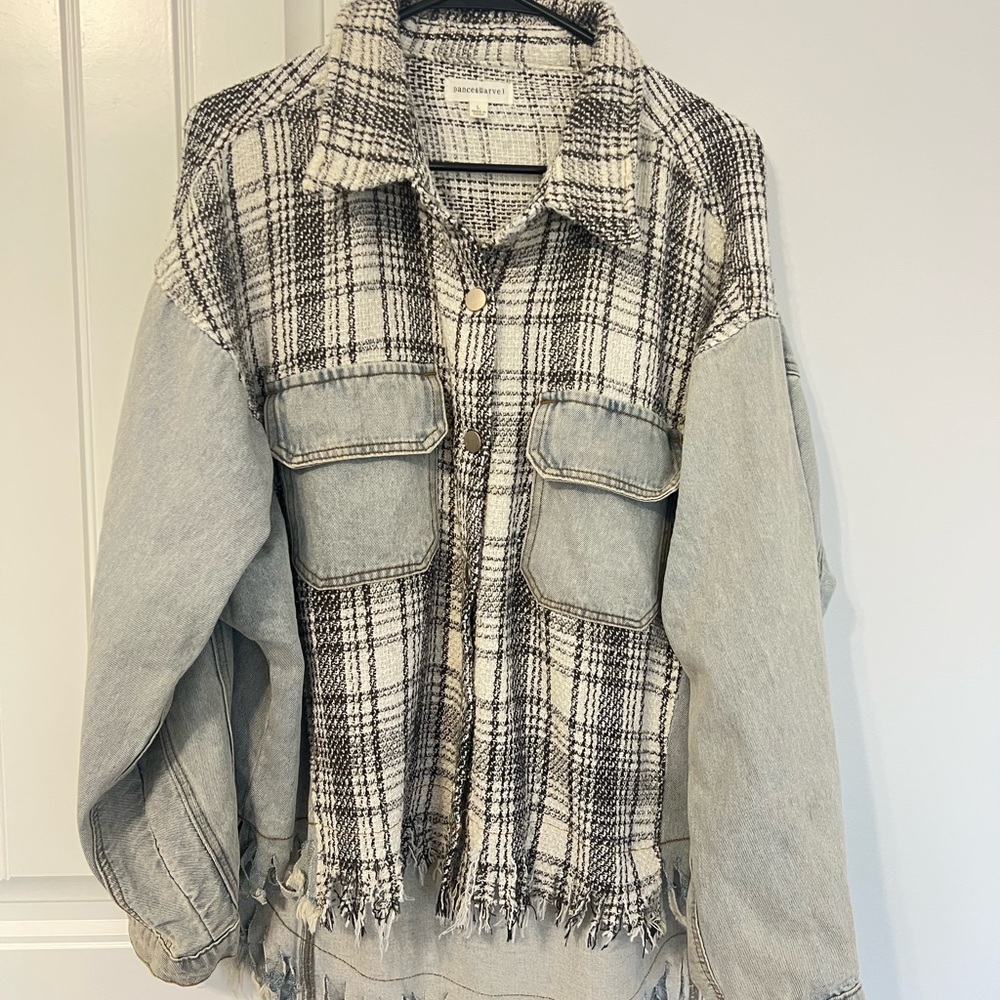 NEW Dance & Marvel Plaid Tweed Contrast Jean Denim Distressed Frayed Jacket